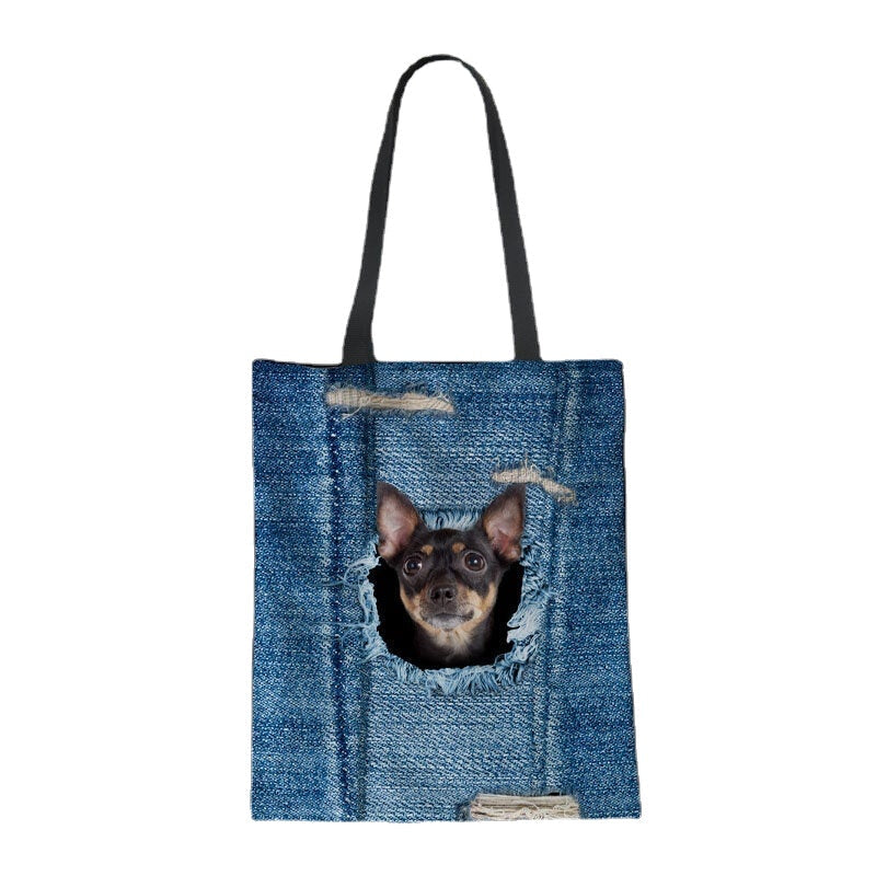 women canvas breaking hole denim 3d cute cat dog pattern outdoor handbag shoulder bag tote DTTT Image 6