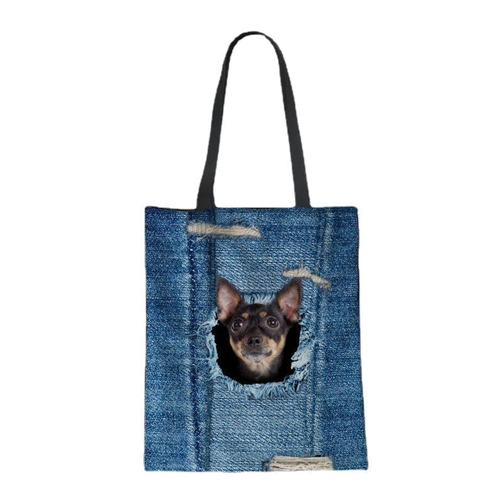 women canvas breaking hole denim 3d cute cat dog pattern outdoor handbag shoulder bag tote DTTT Image 1