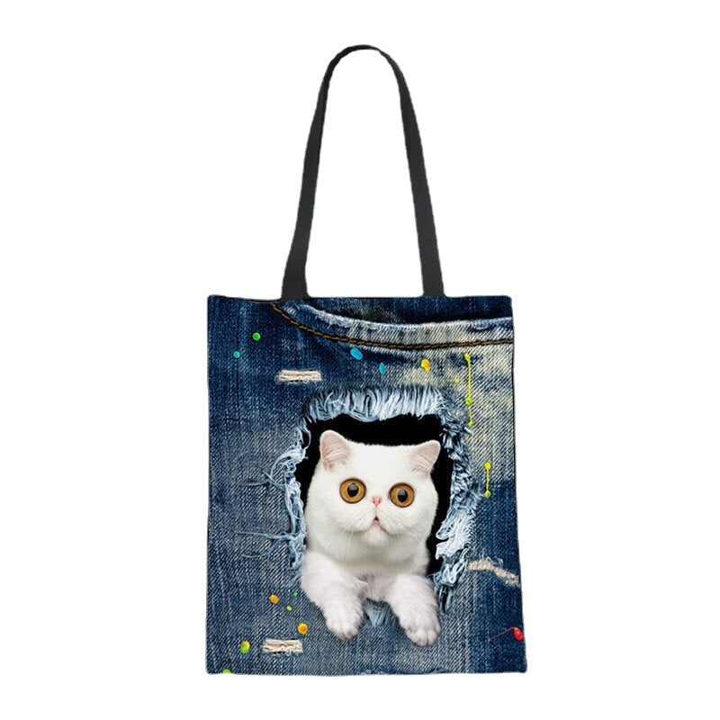 women canvas breaking hole denim 3d cute cat dog pattern outdoor handbag shoulder bag tote DTTT Image 7