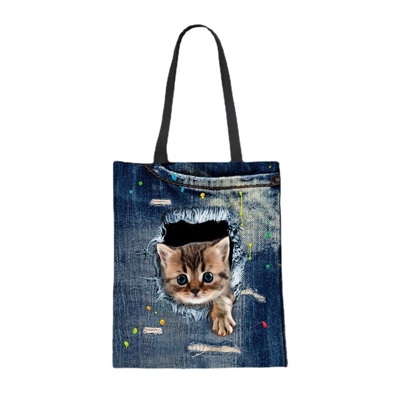 women canvas breaking hole denim 3d cute cat dog pattern outdoor handbag shoulder bag tote DTTT Image 8