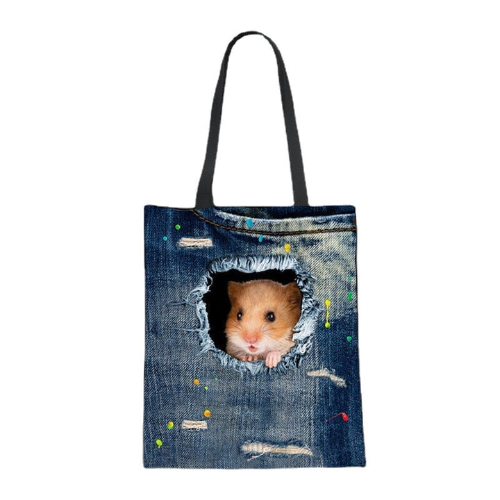 women canvas breaking hole denim 3d cute cat dog pattern outdoor handbag shoulder bag tote DTTT Image 9