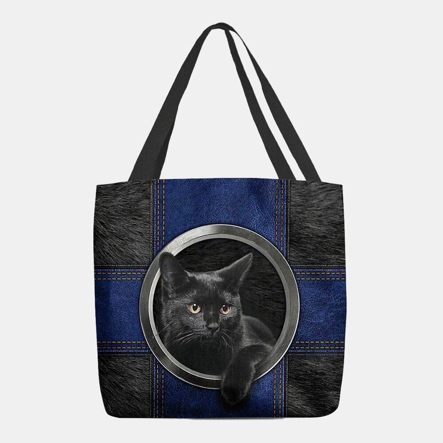 Women Canvas Cute Cartoon Black Cat Print Handbag Tote Shoulder Bag- PPT DTTT Image 1