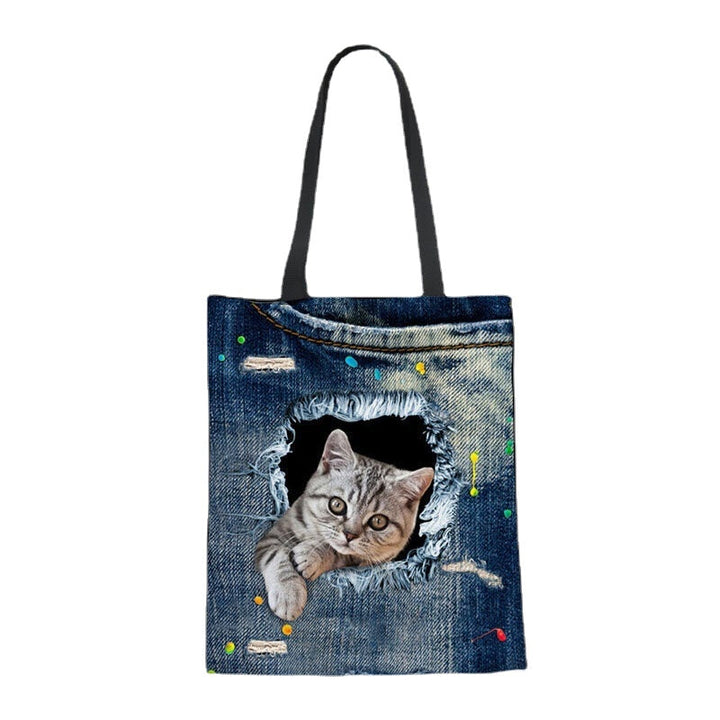 women canvas breaking hole denim 3d cute cat dog pattern outdoor handbag shoulder bag tote DTTT Image 10