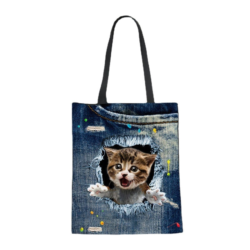 women canvas breaking hole denim 3d cute cat dog pattern outdoor handbag shoulder bag tote DTTT Image 11