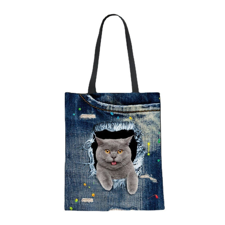 women canvas breaking hole denim 3d cute cat dog pattern outdoor handbag shoulder bag tote DTTT Image 12