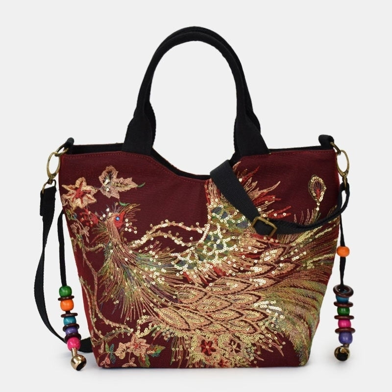 women canvas embroidery peacock pattern ethnic style multi carry handbag crossbody shoulder bag DTTT Image 3