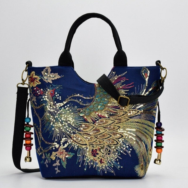 women canvas embroidery peacock pattern ethnic style multi carry handbag crossbody shoulder bag DTTT Image 4