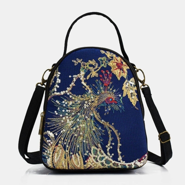 Women Canvas Embroidery Peacock Pattern Sequin Mini Multi-carry Handbag Crossbody Bag DTTT Image 1