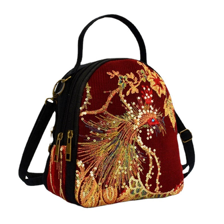 Women Canvas Embroidery Peacock Pattern Sequin Mini Multi-carry Handbag Crossbody Bag DTTT Image 2