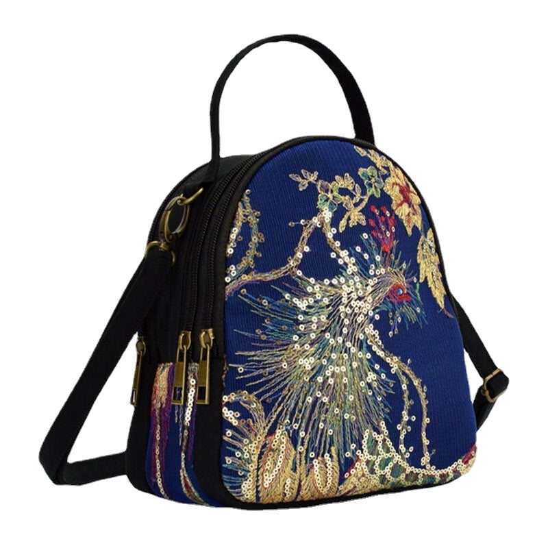 Women Canvas Embroidery Peacock Pattern Sequin Mini Multi-carry Handbag Crossbody Bag DTTT Image 3