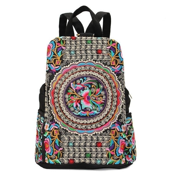 Women National Style Embroidery Zipper Creative Backpack Flower Bag Satchel Image 1