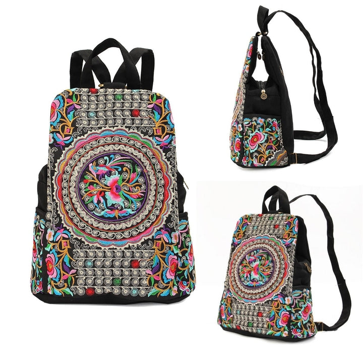 Women National Style Embroidery Zipper Creative Backpack Flower Bag Satchel Image 2