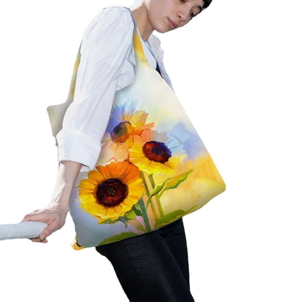 Women Nylon Tie Dye Sunflower Pattern Print Shoulder Bag Handbag Tote Image 4