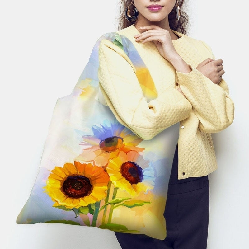 Women Nylon Tie Dye Sunflower Pattern Print Shoulder Bag Handbag Tote Image 6