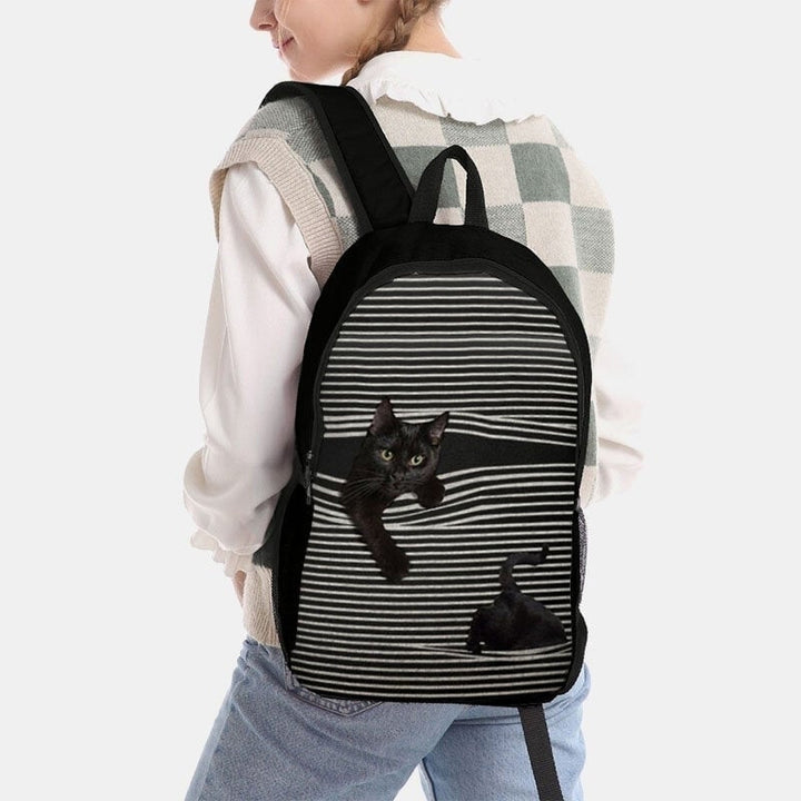 Women Oxford Cloth Large Capacity Cartoon Cat Stripe Pattern Printing Backpack DTTT Image 2