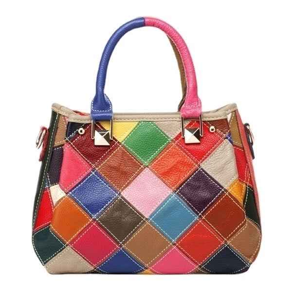 women patchwork cowhide colorful handbag tote handbag crossbody bag Image 1