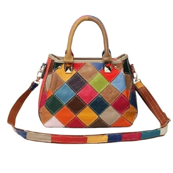 women patchwork cowhide colorful handbag tote handbag crossbody bag Image 2