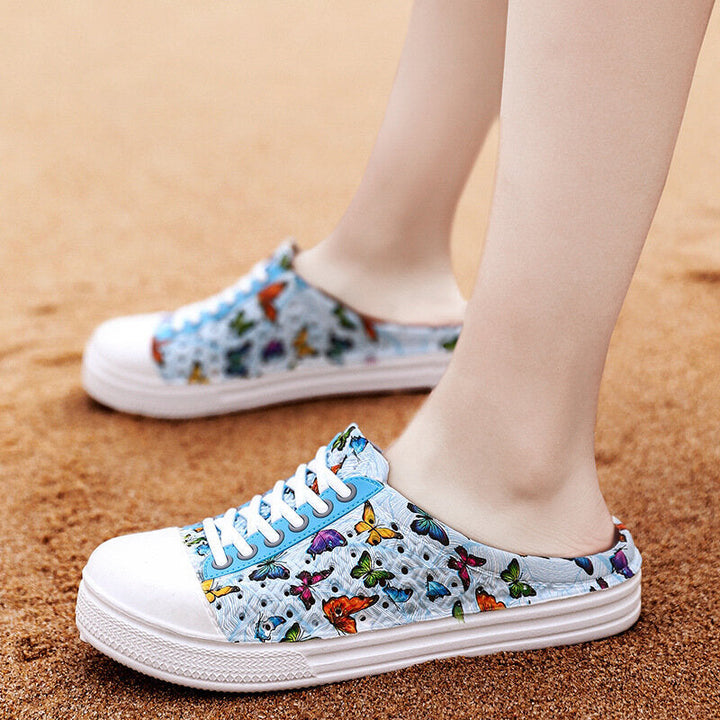 Women Lightweight Butterfly Pattern Beach Closed Toe Backless Soft Flats DTTT Image 1