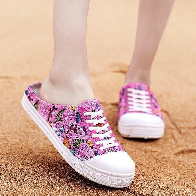 Women Lightweight Butterfly Pattern Beach Closed Toe Backless Soft Flats DTTT Image 4