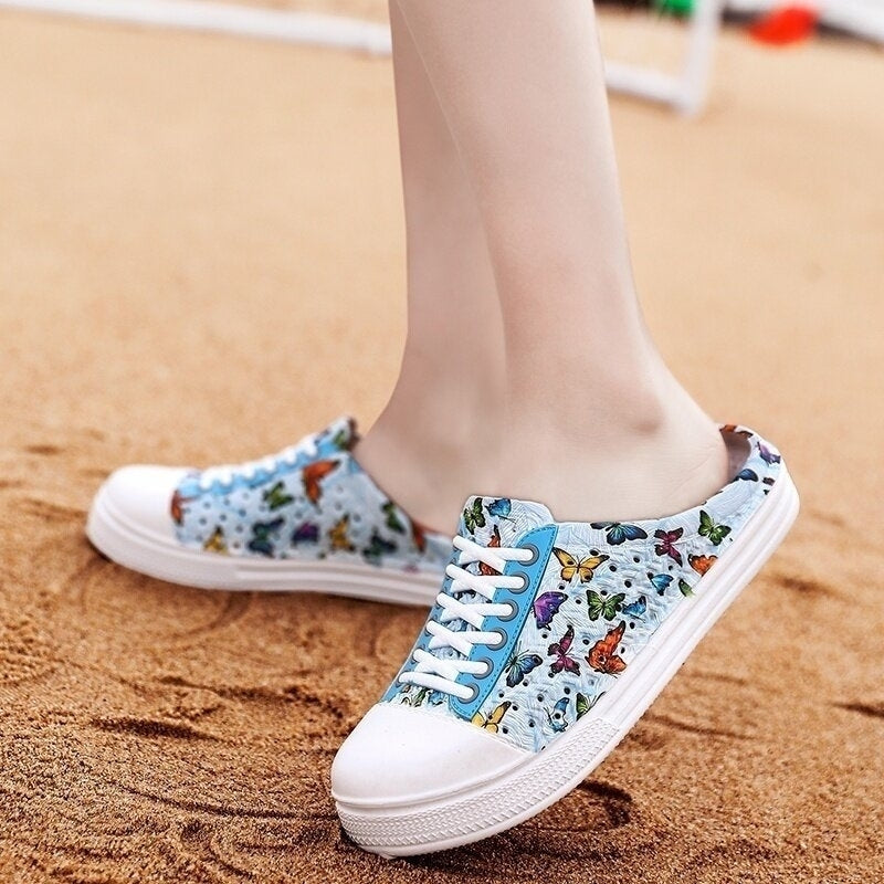 Women Lightweight Butterfly Pattern Beach Closed Toe Backless Soft Flats DTTT Image 6