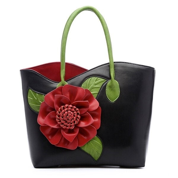 Women PU Leather Flower Decoration Elegant Handbag Sling National Style Tote Bag Image 1
