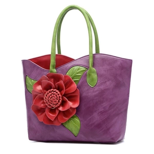 Women PU Leather Flower Decoration Elegant Handbag Sling National Style Tote Bag DTTT Image 9