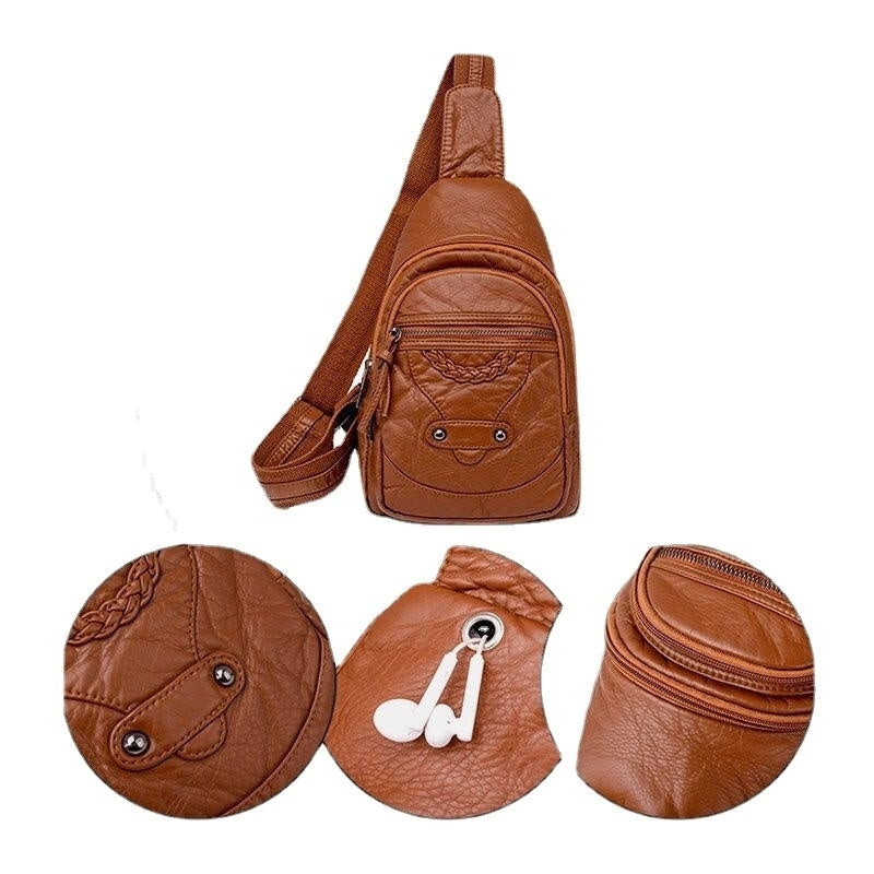 Women PU Leather Portable Large Capacity Earphone Hole Crossbody Shoulder Chest Bag DTTT Image 4