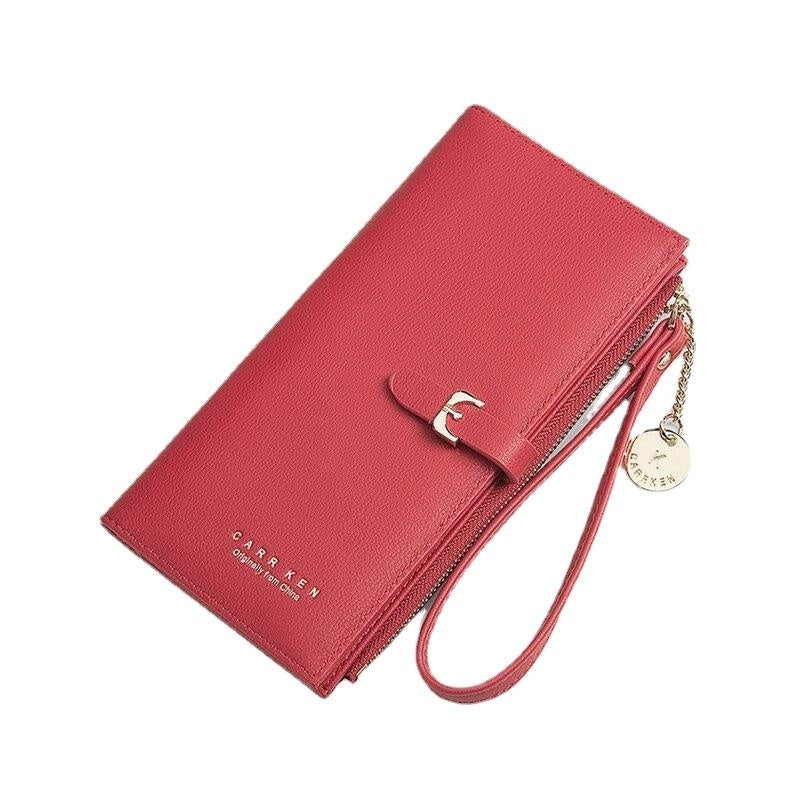 Women PU Leather Thin Solid Color Bifold Long Purse Card Holder Wallet Image 2