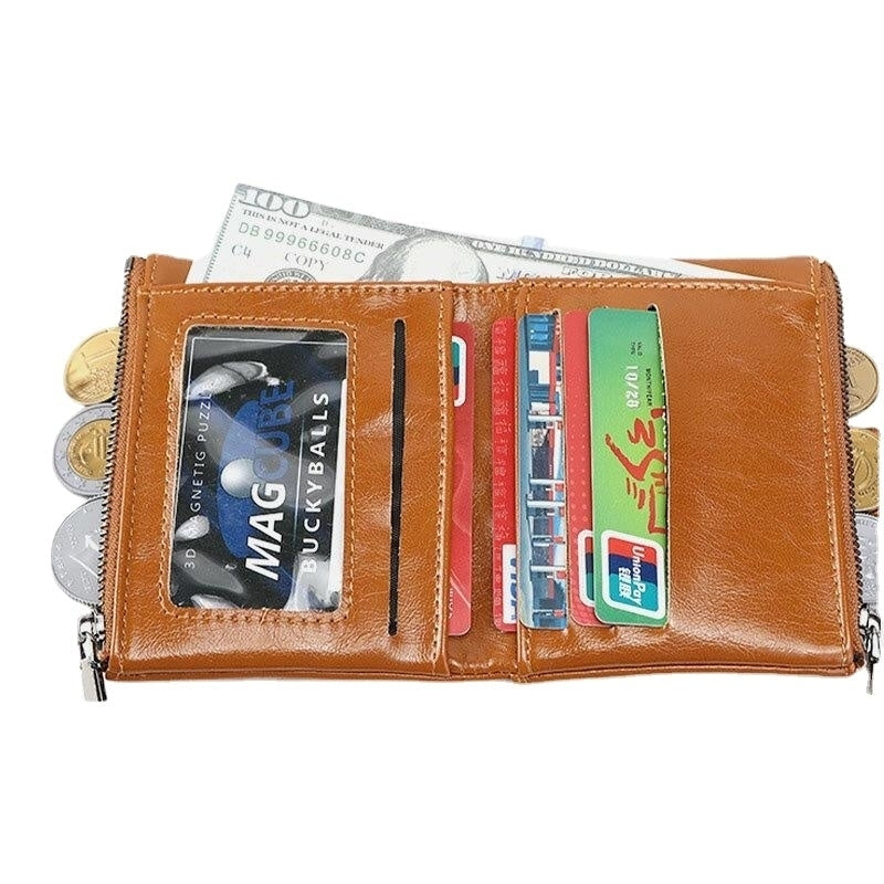 Women RFID Anti Theft 6 Card Slots Oil Wax Bifold Wallet Purse Image 1