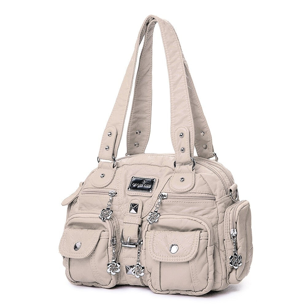 Women Soft Leather Multi-Pocket Motorcycle Shoulder Crossbody Bag Handbag Image 2