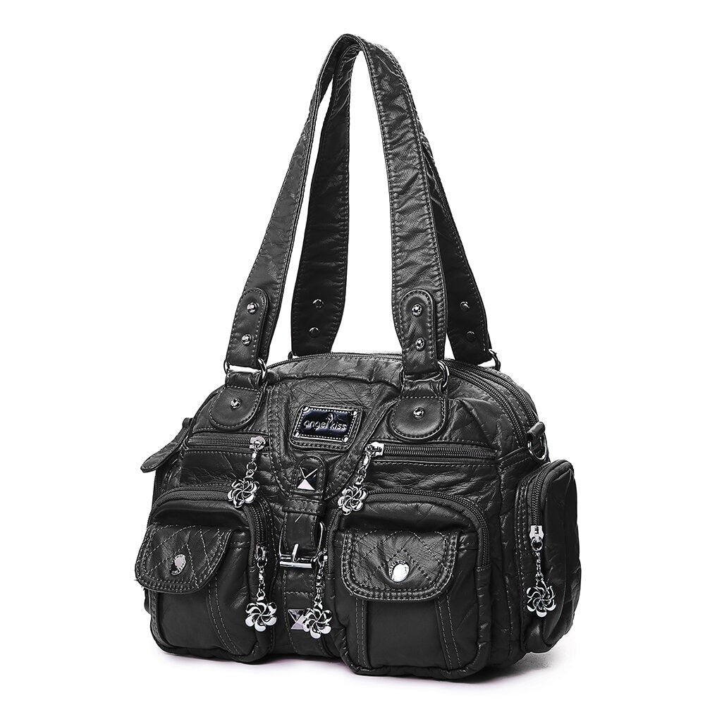 Women Soft Leather Multi-Pocket Motorcycle Shoulder Crossbody Bag Handbag Image 3