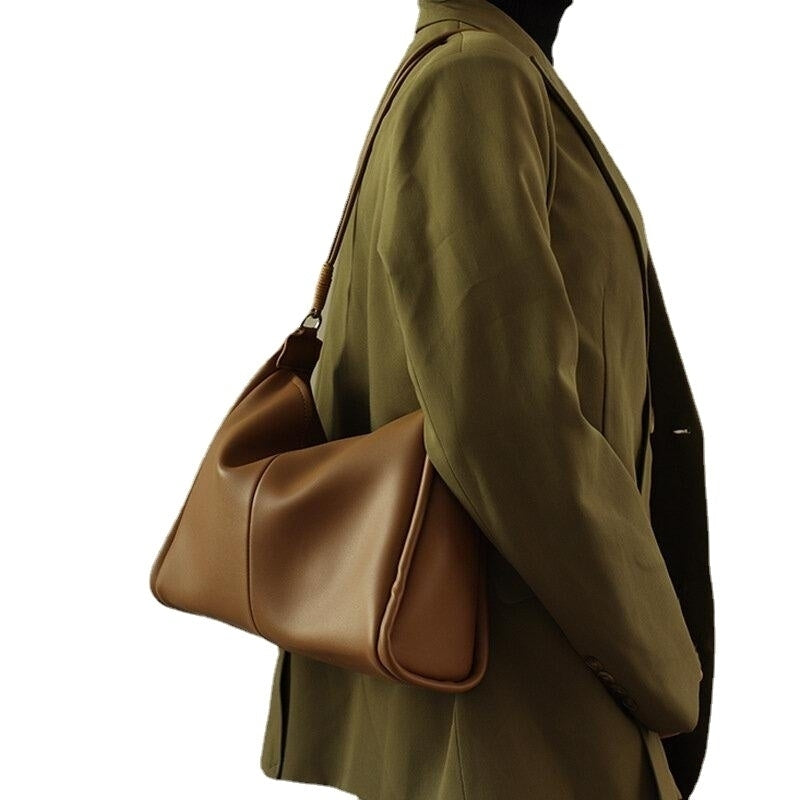 Women Soild Color Simple Smooth Large Capacity Soft PU Leather Shoulder Bag Handbag Image 6