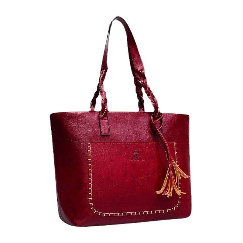 Women Tassel Decoration Tote Large Capacity Woven Handle Handbags Shoulder Bag Image 2