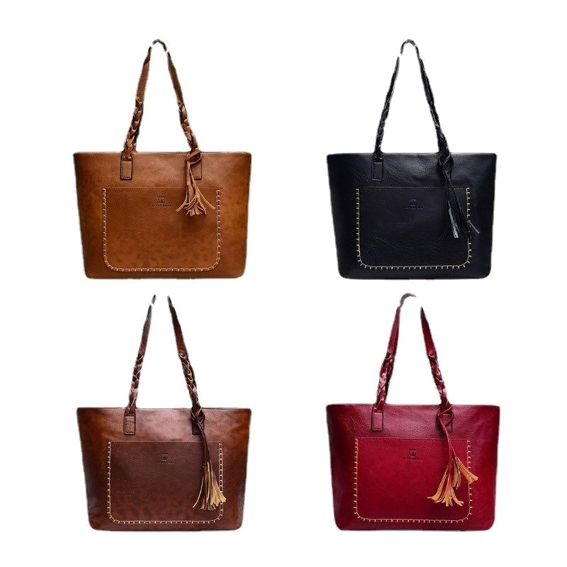 Women Tassel Decoration Tote Large Capacity Woven Handle Handbags Shoulder Bag Image 6