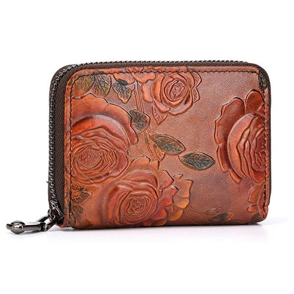 Women Vintage Casual Floral Genuine Leather Card Holder Coin Purse Wallet Image 1