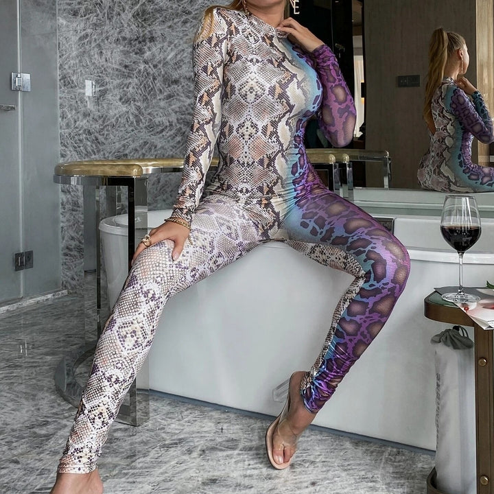 Glamaker Ombre Snakeskin Print Backless Skinny Jumpsuit Image 4