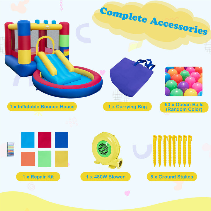 4-in-1 Inflatable Bounce House Colorful Kids Bouncy w/ Ocean Balls and 480W Blower Image 9