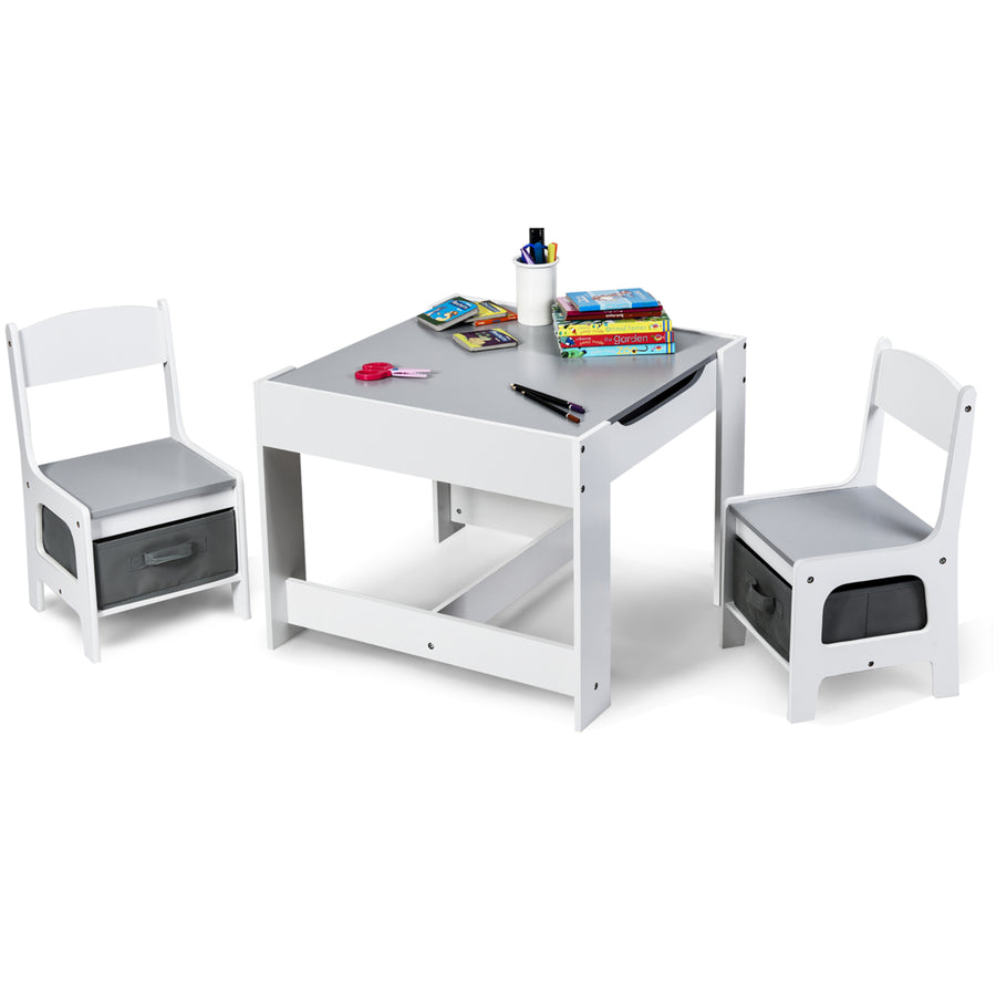 3 in 1 Kids Wood Table Chairs Set w/ Storage Box Blackboard Drawing Grey Image 1