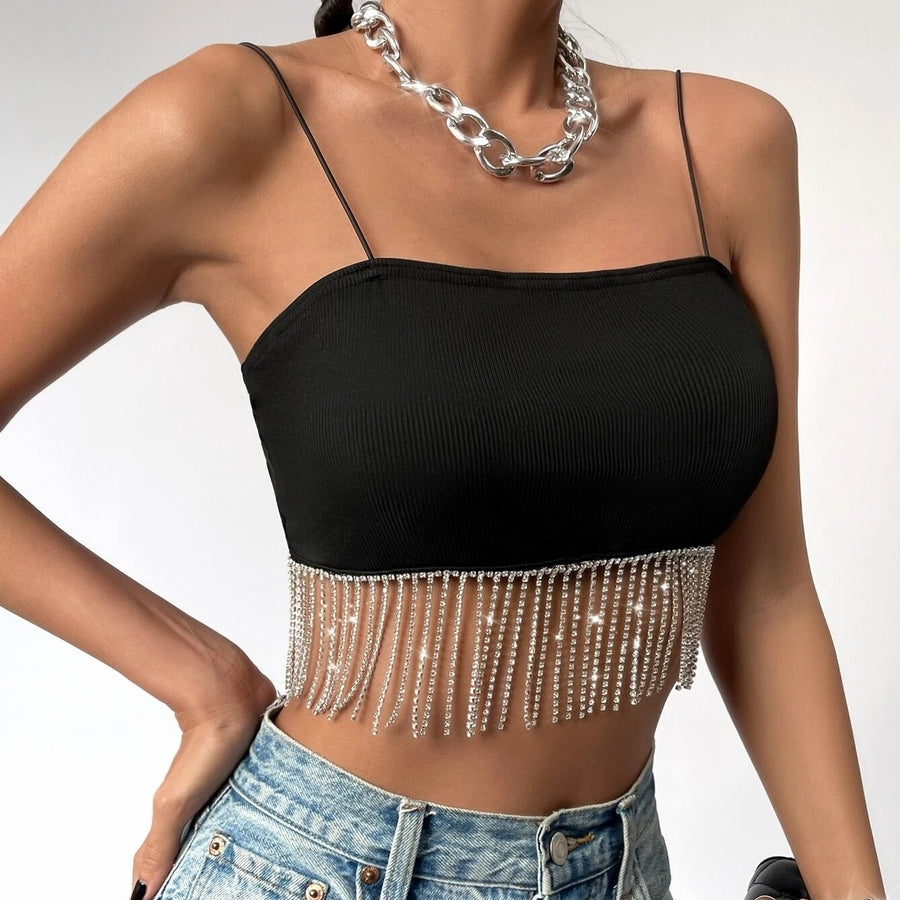 Rhinestone Fringe Trim Crop Cami Top Image 1