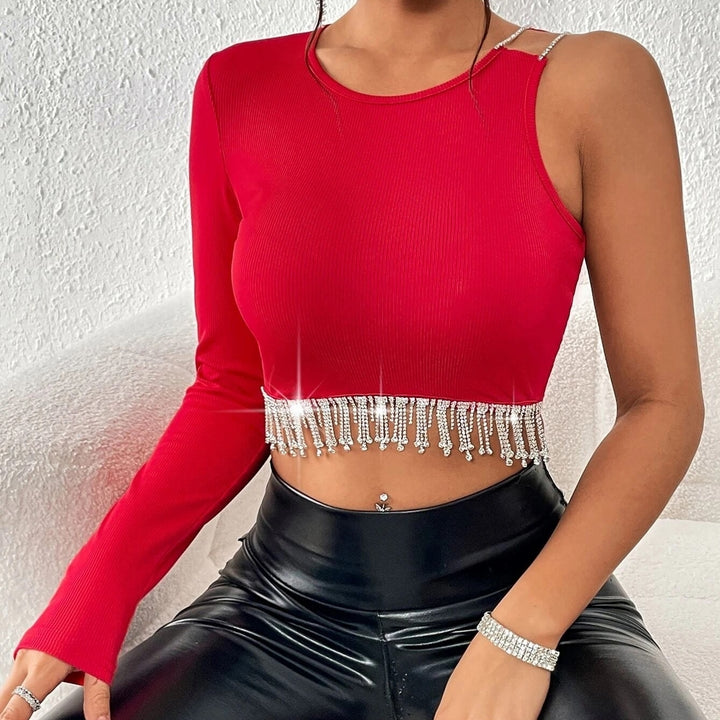 Rhinestone Fringe Trim Asymmetrical Neck Crop Top Image 8