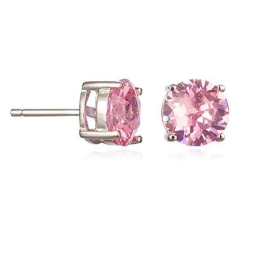 Rhodium Plated 8 Mm Round Pink CZ Stud Earrings Plated Image 1