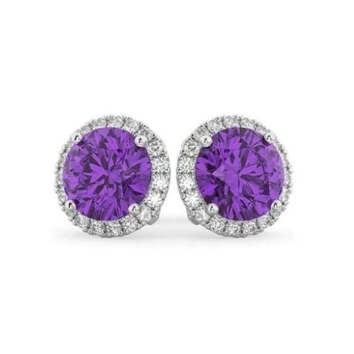 Paris Jewelry 18K White Gold Plated Halo Amethyst Sapphire Round 3CT CZ Cut Stud Earrings Image 1