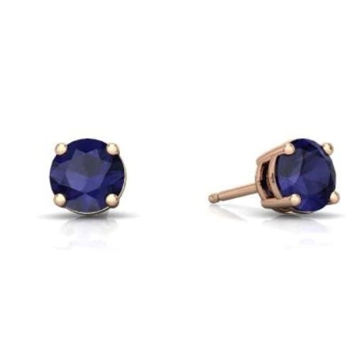 Paris Jewelry 24k Rose Gold Plated Blue Sapphire Round Stud Earrings 2 Cttw Image 1