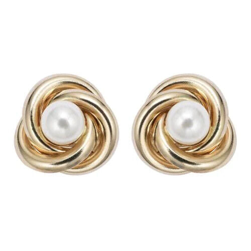 18K Yellow Gold Plated White Freshwater Pearl Round 1-2 CT Stud Earrings Image 1