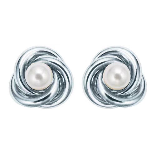 18K White Gold Plated White Freshwater Pearl Round 1-2 CT Stud Earrings Image 1