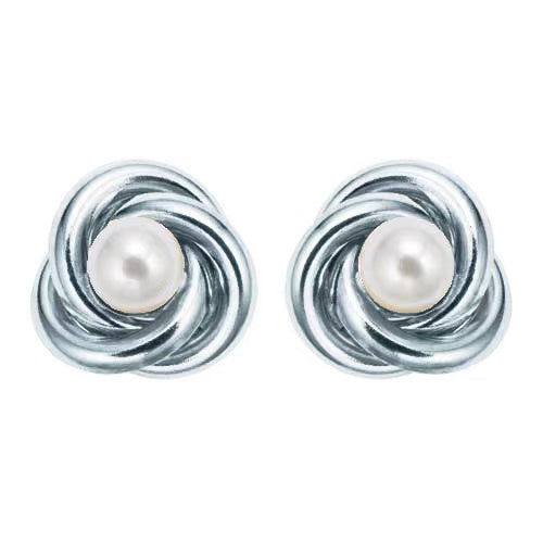 18K White Gold Plated White Freshwater Pearl Round 3 CT Stud Earrings Image 1