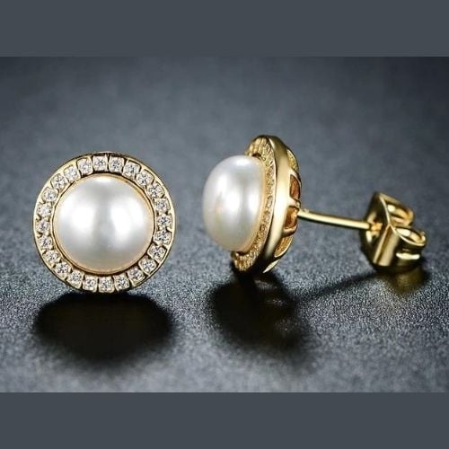 18K Yellow Gold Plated White Freshwater Pearl Halo Round 1-2 CT Stud Earrings Image 1