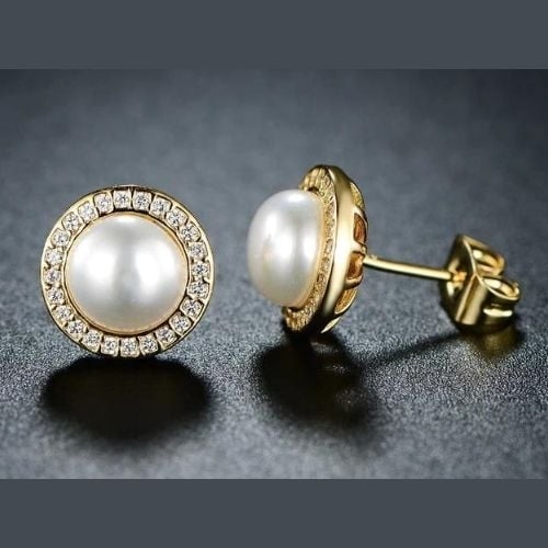 24K Yellow Gold Plated White Freshwater Pearl Halo Round 1 CT Stud Earrings Image 1