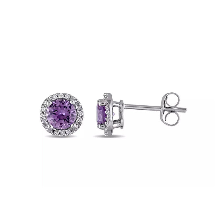 10k White Gold Plated 1/2 Ct Round Created Alexandrite Halo Stud Earrings Image 1