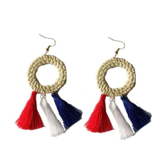 American Independence Day Flag Earrings RedWhiteBlue Tassel Earrings Handmade Bamboo Weaving Earrings Image 1